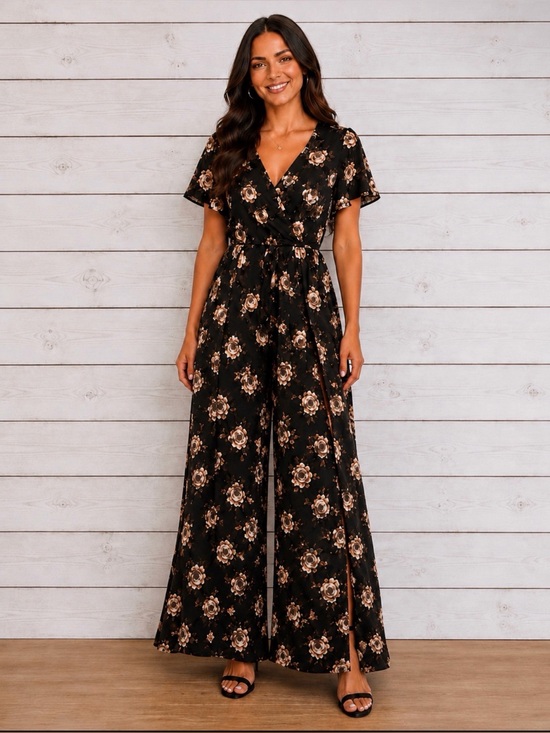 Live 4 Truth Pants - Live 4 Truth Black Floral Maxi Romper Split Leg Pantsuit Resort Vacation Club 2X
